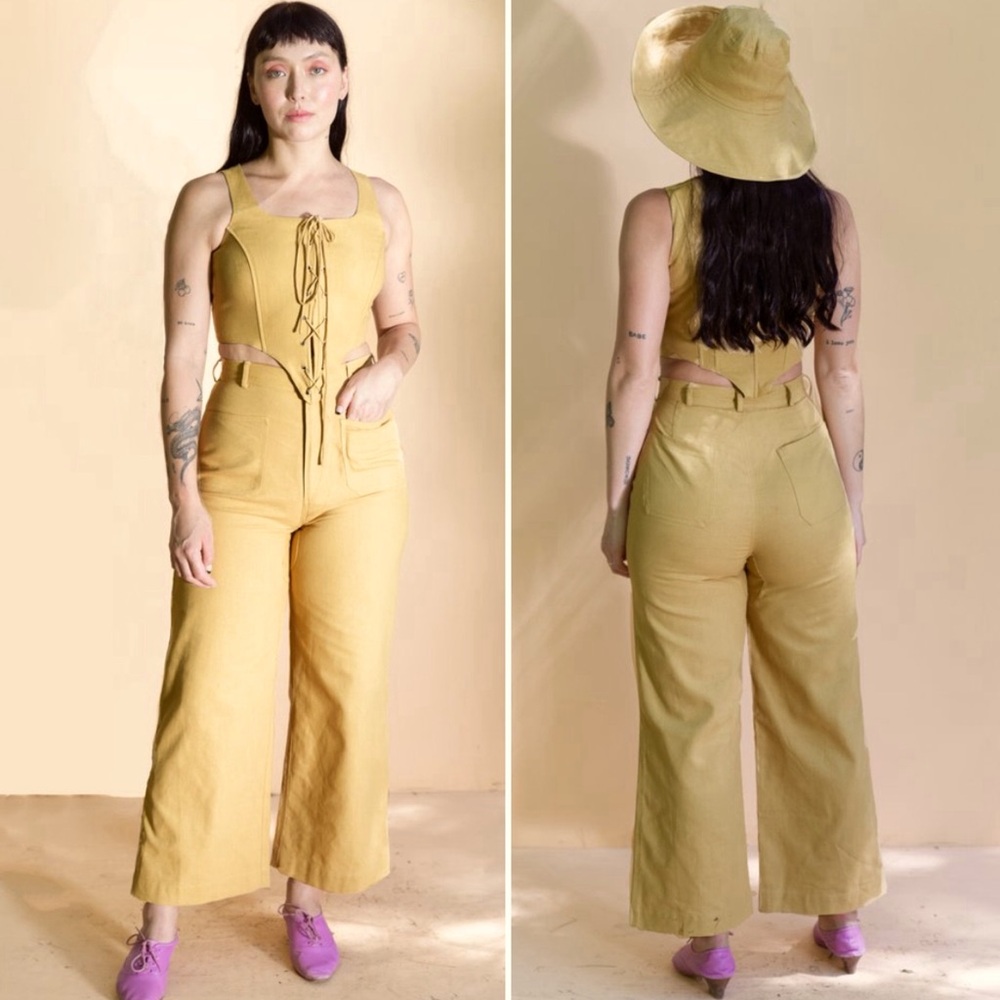 Samantha Pleet $190 Realm Cotton Canvas Wide Leg Pant Khaki sz 8 EUC